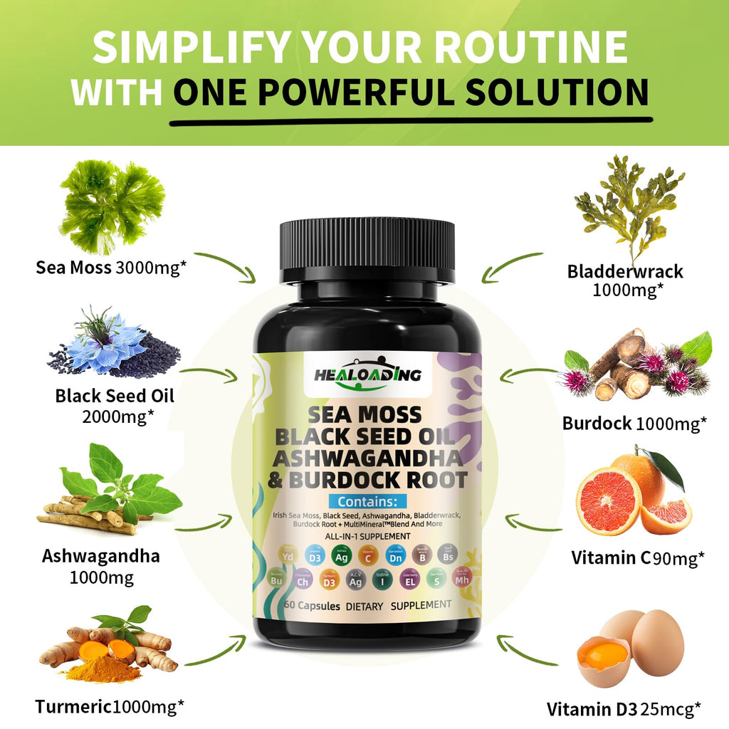 HEALOADING Sea Moss Capsules：Wildcrafted Organic Irish Seamoss & Bladderwack - Rich in Minerals, Supports Thyroid Health, Digestion, Skin & Immune System - Vegan, Non-GMO - TrustMedUSA