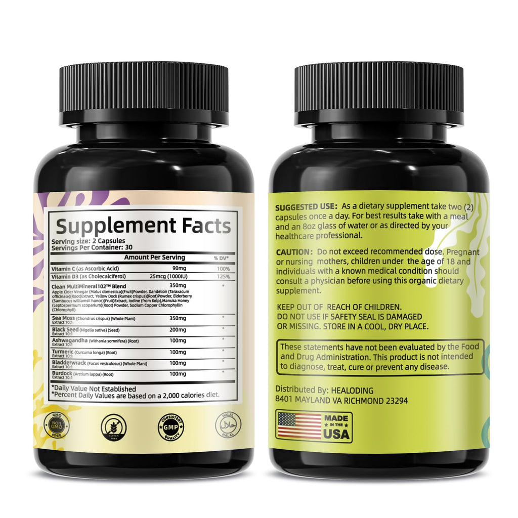 HEALOADING Sea Moss Capsules：Wildcrafted Organic Irish Seamoss & Bladderwack - Rich in Minerals, Supports Thyroid Health, Digestion, Skin & Immune System - Vegan, Non-GMO - TrustMedUSA