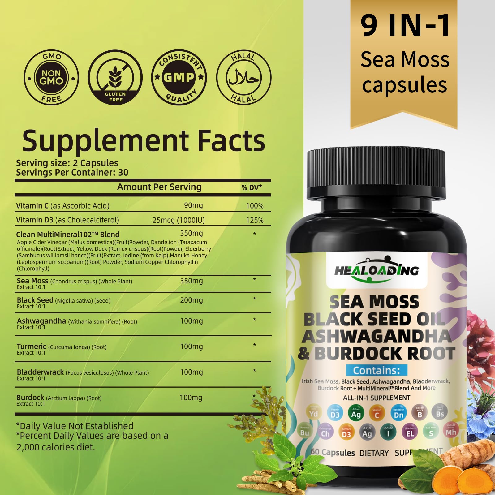 HEALOADING Sea Moss Capsules：Wildcrafted Organic Irish Seamoss & Bladderwack - Rich in Minerals, Supports Thyroid Health, Digestion, Skin & Immune System - Vegan, Non-GMO - TrustMedUSA