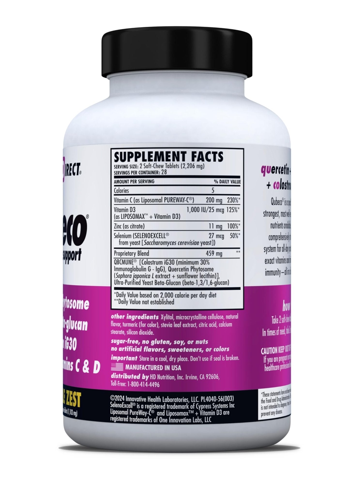 HEALTH DIRECT - Qubeco Immune Support with Vitamin D3, Liposomal Vitamin C, Quercetin, Beta-Glucan, Colostrum, Zinc, Selenium - Clinical Strength – 56 Soft Chew Tabs - 28 Day Supply - Pineapple Zest - TrustMedUSA