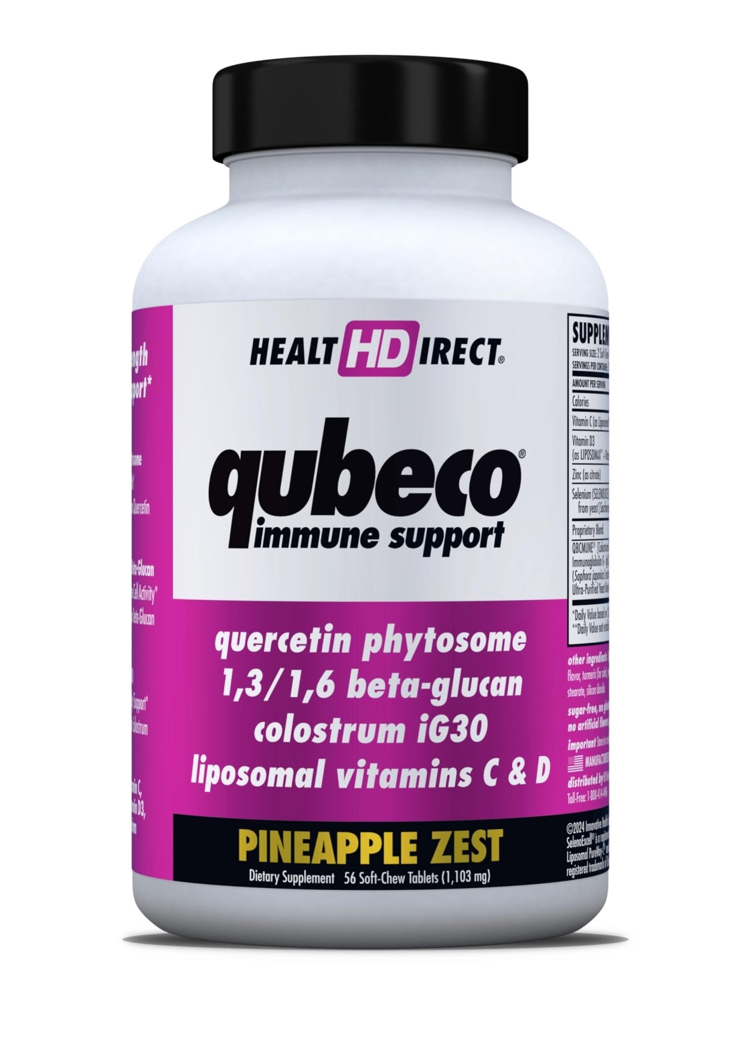 HEALTH DIRECT - Qubeco Immune Support with Vitamin D3, Liposomal Vitamin C, Quercetin, Beta-Glucan, Colostrum, Zinc, Selenium - Clinical Strength – 56 Soft Chew Tabs - 28 Day Supply - Pineapple Zest - TrustMedUSA