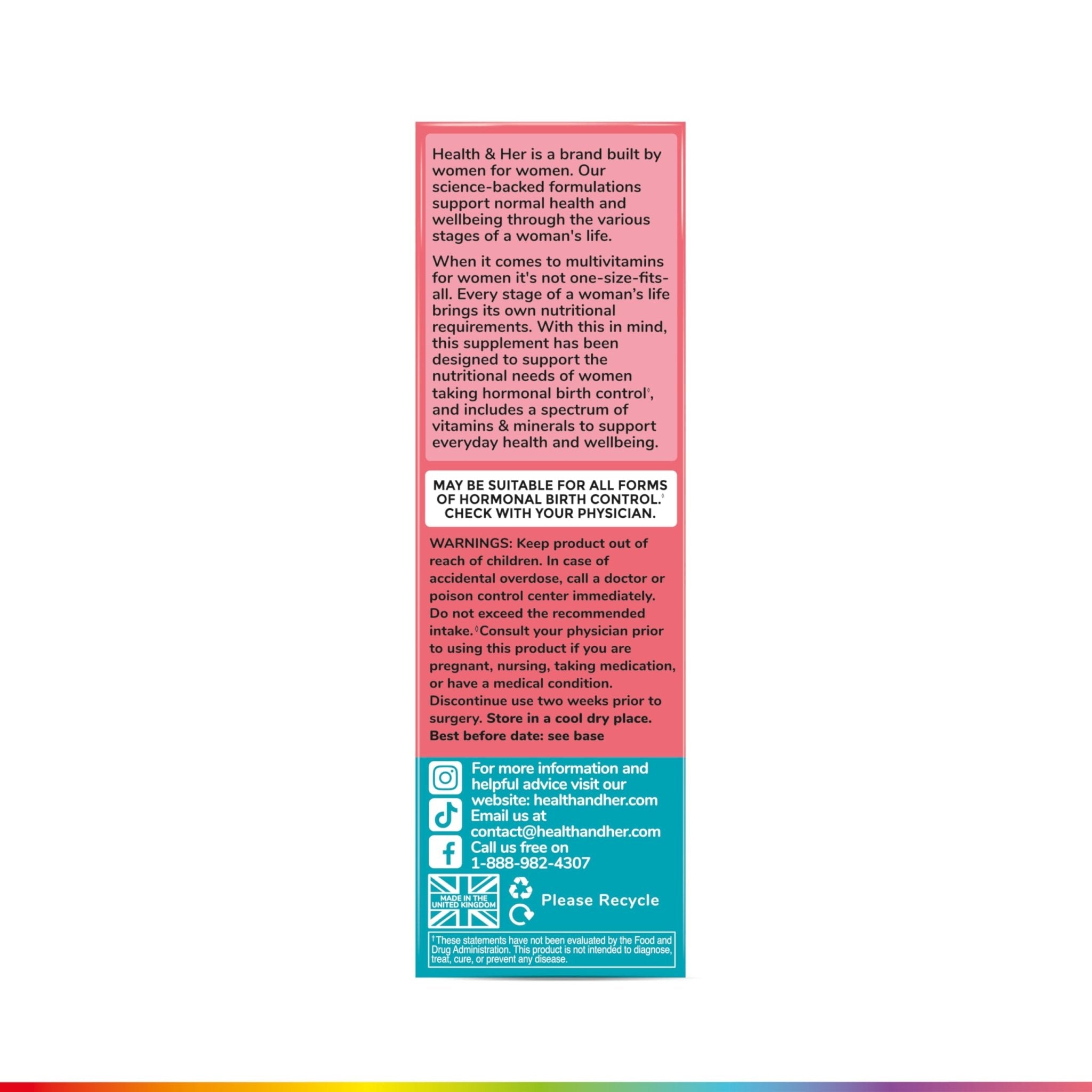 Health & Her Multivitamin Supplement for Women Taking Birth Control - Nutrition Support - 1 Month Supply, 60 Tablets - Vegan & Gluten Free - TrustMedUSA
