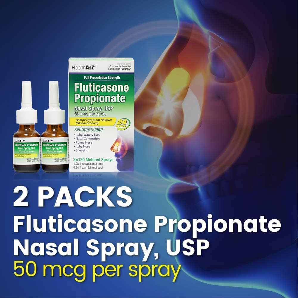 HealthA2Z® Allergy Relief, Fluticasone Propionate 50mcg, Nasal Spray, 24-Hour Allergy Relief, Dye Free, 240 Sprays (2 Pack, 120 Sprays Each) - Maple Wellness Supplements