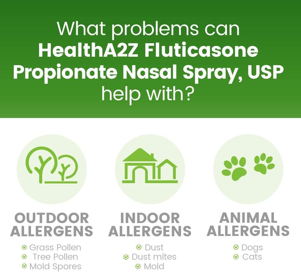 HealthA2Z® Allergy Relief, Fluticasone Propionate 50mcg, Nasal Spray, 24-Hour Allergy Relief, Dye Free, 240 Sprays (2 Pack, 120 Sprays Each) - Maple Wellness Supplements