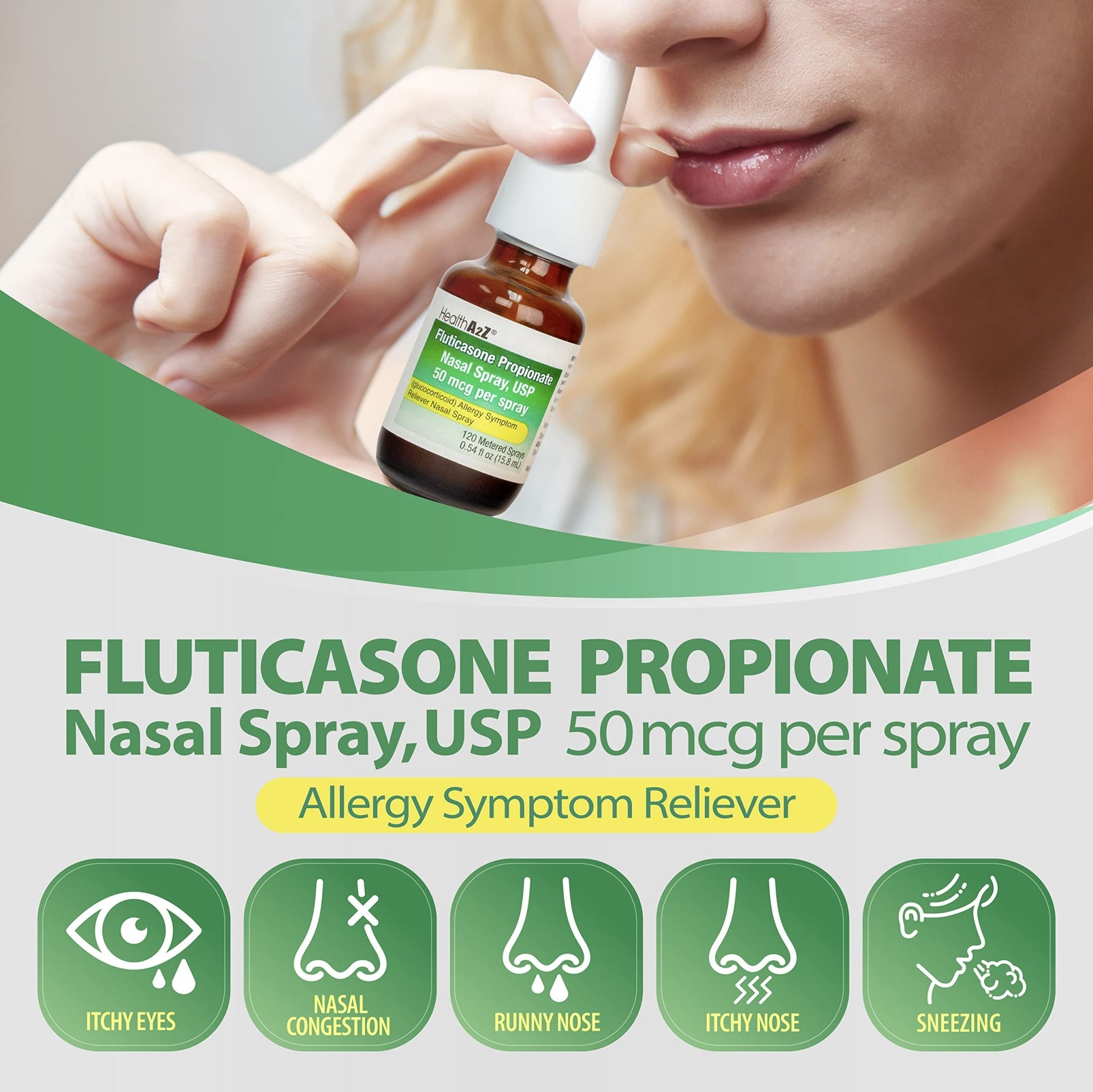HealthA2Z® Allergy Relief, Fluticasone Propionate 50mcg, Nasal Spray, 24-Hour Allergy Relief, Dye Free, 240 Sprays (2 Pack, 120 Sprays Each) - Maple Wellness Supplements