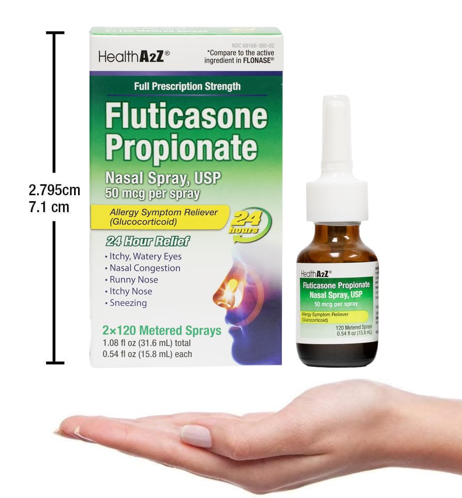 HealthA2Z® Allergy Relief, Fluticasone Propionate 50mcg, Nasal Spray, 24-Hour Allergy Relief, Dye Free, 240 Sprays (2 Pack, 120 Sprays Each) - Maple Wellness Supplements