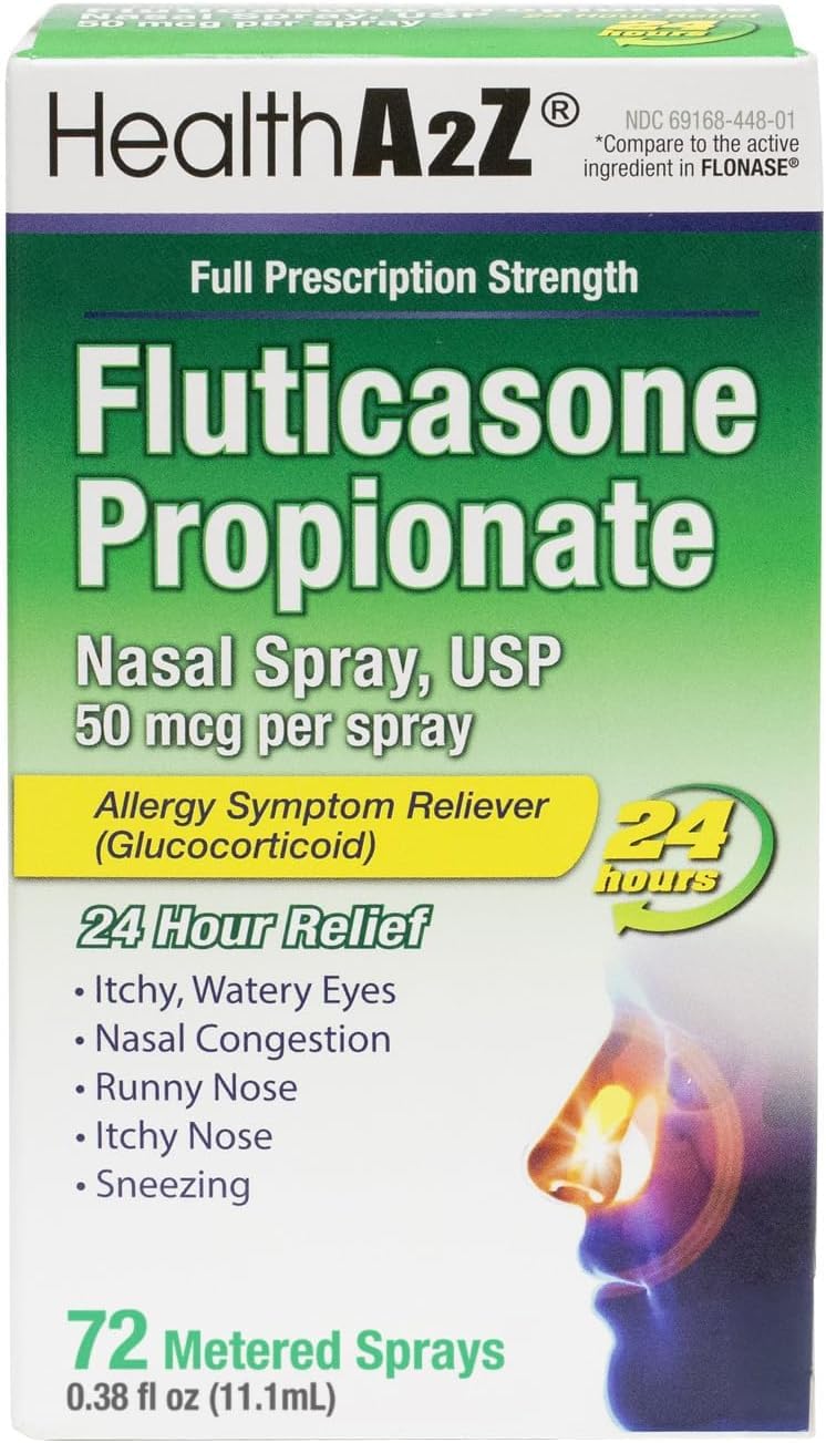 HealthA2Z® Allergy Relief, Fluticasone Propionate 50mcg, Nasal Spray, 24-Hour Allergy Relief, Nasal Decongestant, Dye Free, 72 Sprays (0.38 fl oz) - Maple Wellness Supplements