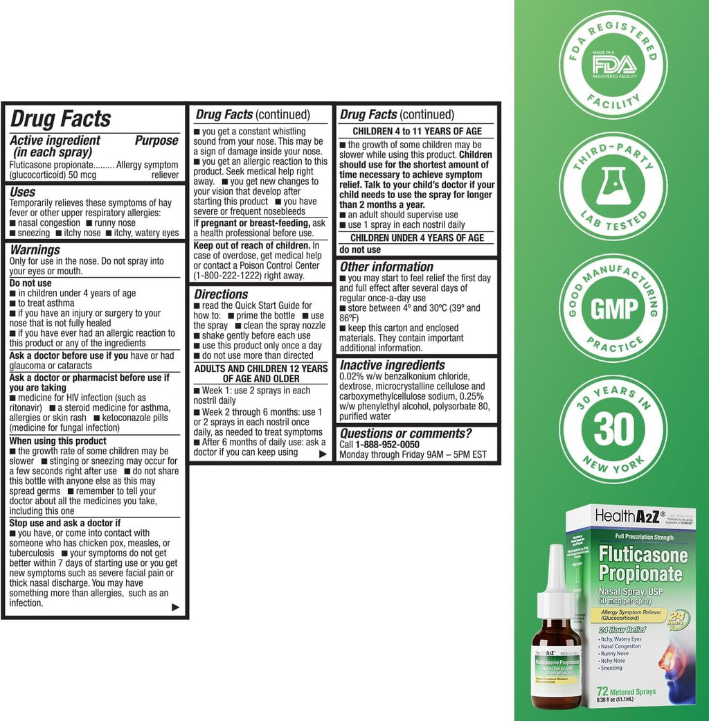 HealthA2Z® Allergy Relief, Fluticasone Propionate 50mcg, Nasal Spray, 24-Hour Allergy Relief, Nasal Decongestant, Dye Free, 72 Sprays (0.38 fl oz) - Maple Wellness Supplements