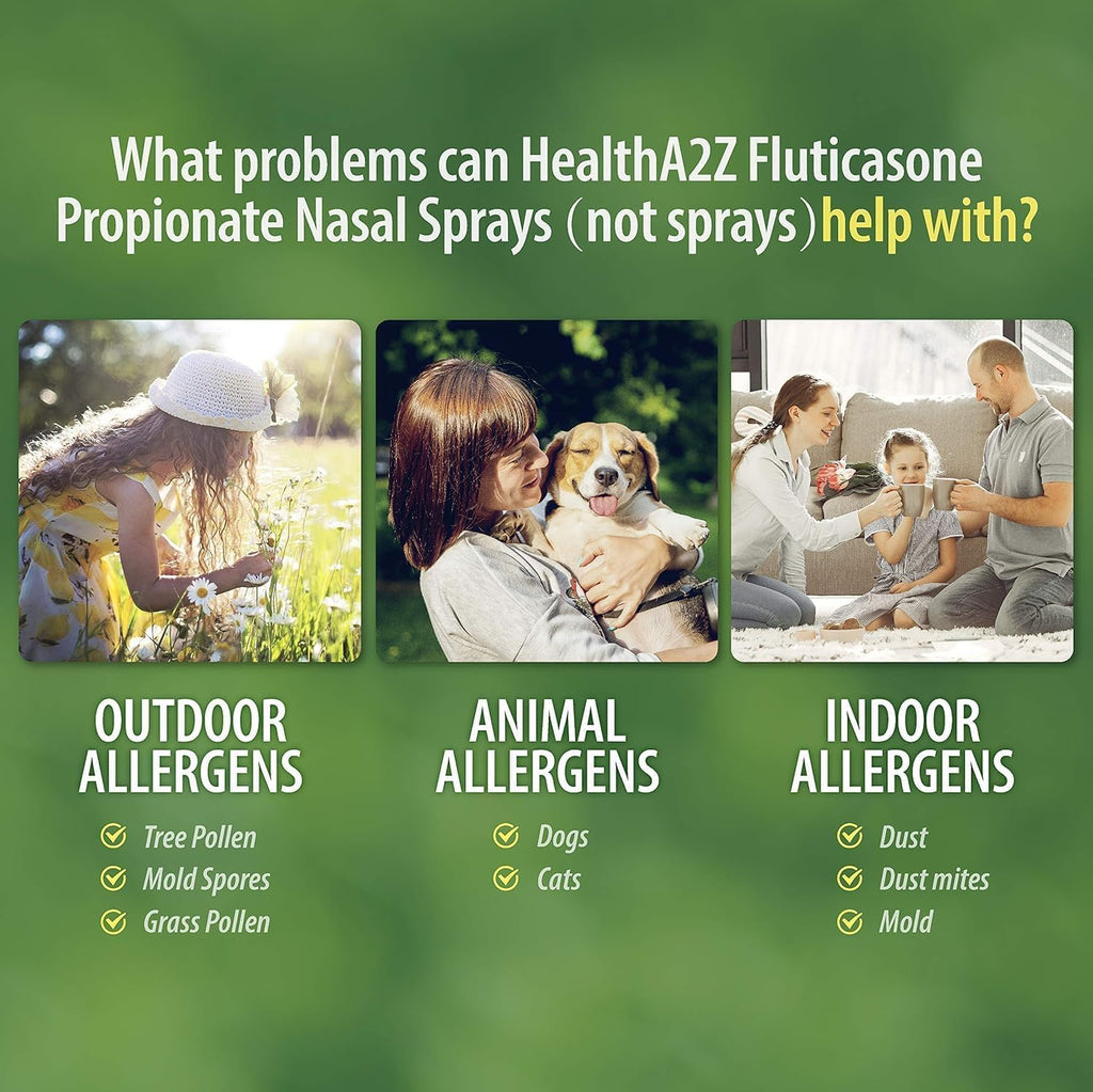 HealthA2Z® Allergy Relief, Fluticasone Propionate 50mcg, Nasal Spray, 24-Hour Allergy Relief, Nasal Decongestant, Dye Free, 72 Sprays (0.38 fl oz) - Maple Wellness Supplements