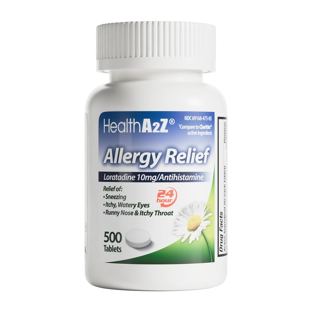 HealthA2Z® Allergy Relief, Loratadine 10mg Antihistamine, 500 Dye Free Tablets, Relief from Itchy Throat, Sneezing, Runny Noses, 24-Hours Allergy Medicine - Maple Wellness Supplements