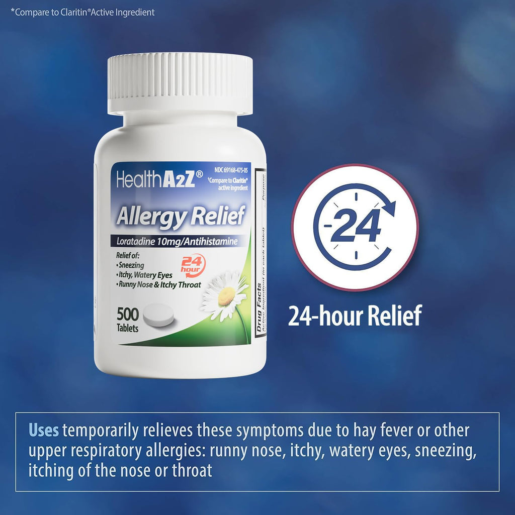 HealthA2Z® Allergy Relief, Loratadine 10mg Antihistamine, 500 Dye Free Tablets, Relief from Itchy Throat, Sneezing, Runny Noses, 24-Hours Allergy Medicine - Maple Wellness Supplements
