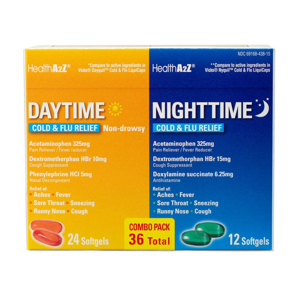 HealthA2Z® Daytime and Nighttime | Cold & Flu Medicine | Powerful Multi-Symptom Relief (24 Daytime & 12 Nighttime Softgels) (Combo (36 Count Pack of 1)) - Maple Wellness Supplements