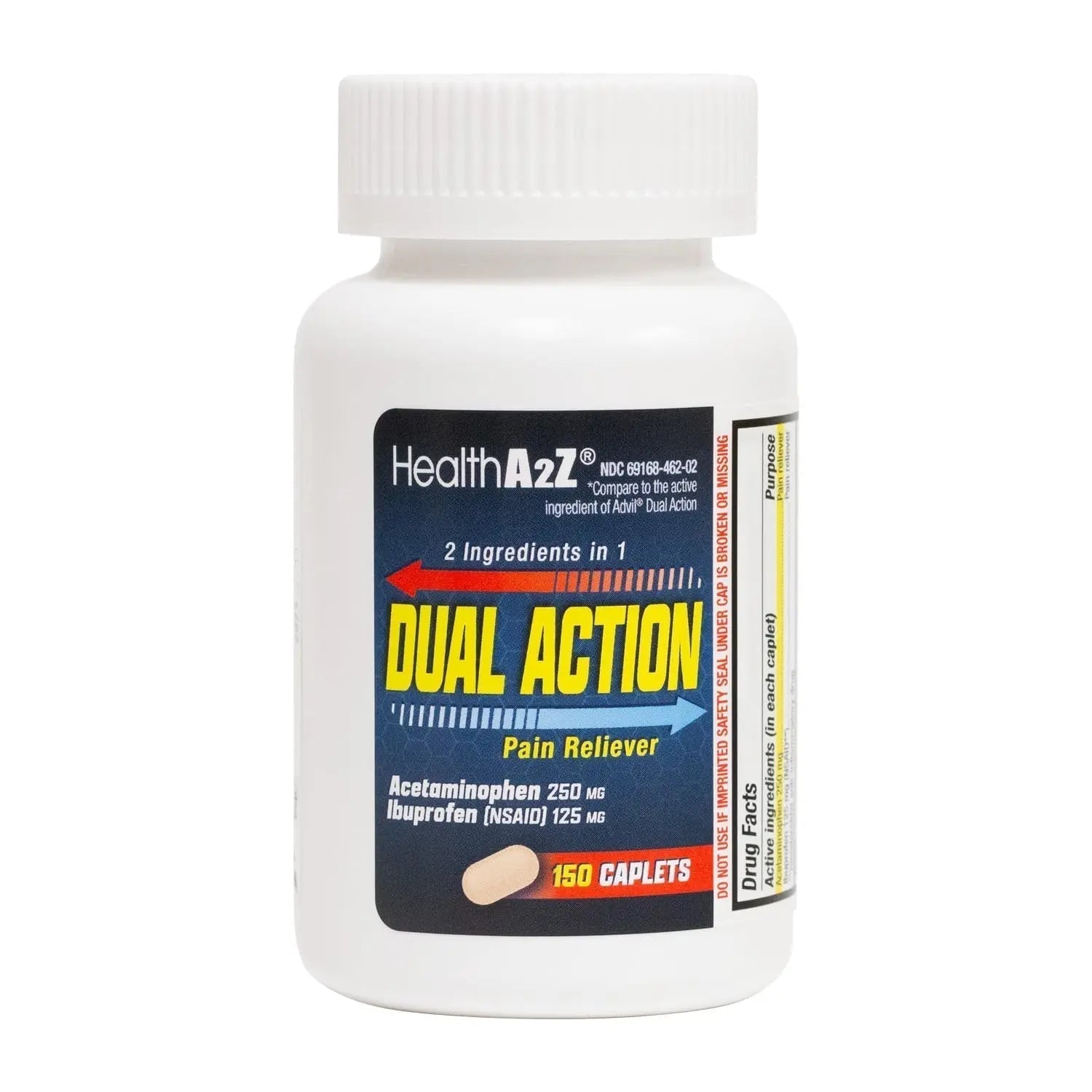 HealthA2Z® Dual Action Pain Relief | Acetaminophen 250mg & Ibuprofen (NSAID) 125mg | Contains Two Medicines | Relief from Headache, Fever & Backache (150 Caplets) - TrustMedUSA