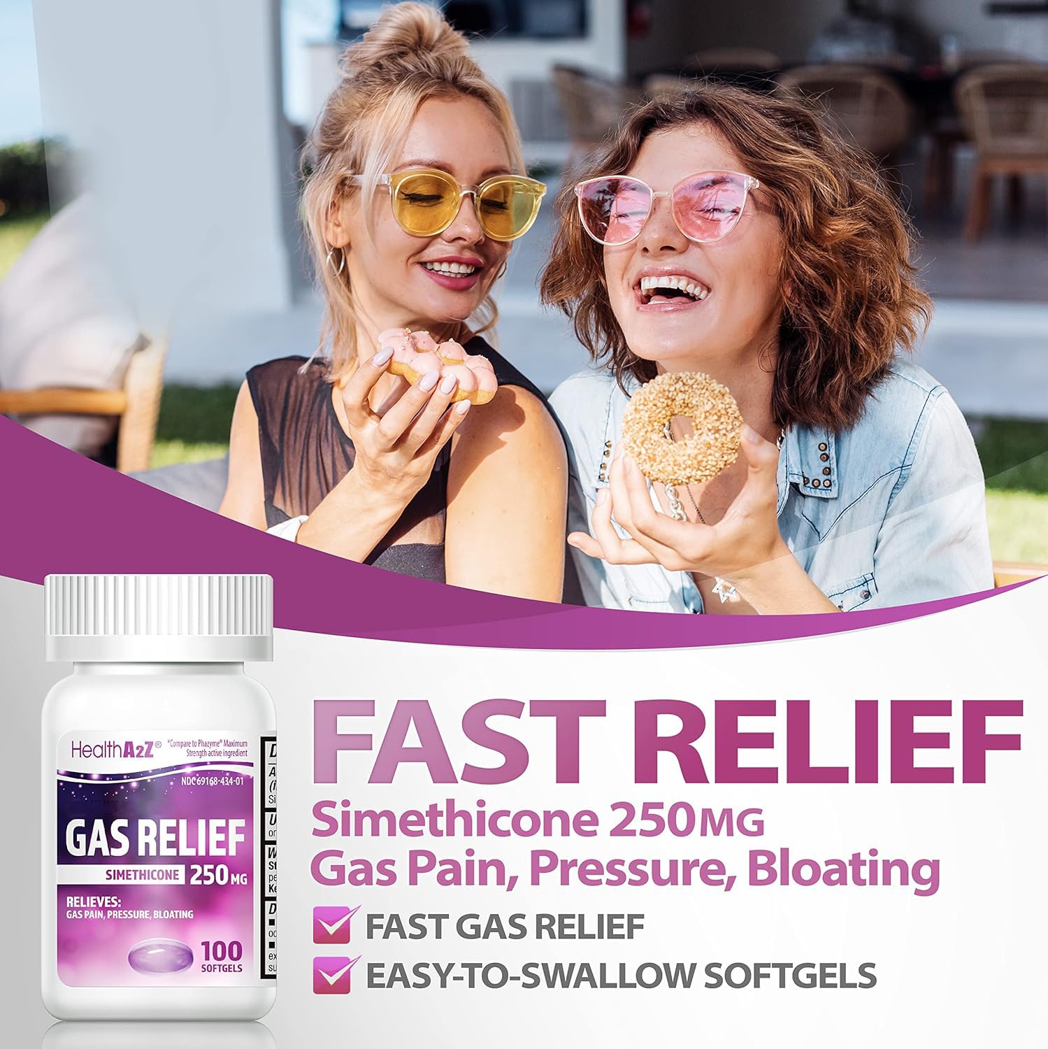 HealthA2Z® Gas Relief Simethicone 250mg, Fast Gas & Bloating Relief, Relieve Symptoms Naturally, 100 Softgels (Pack of 1) - Maple Wellness Supplements