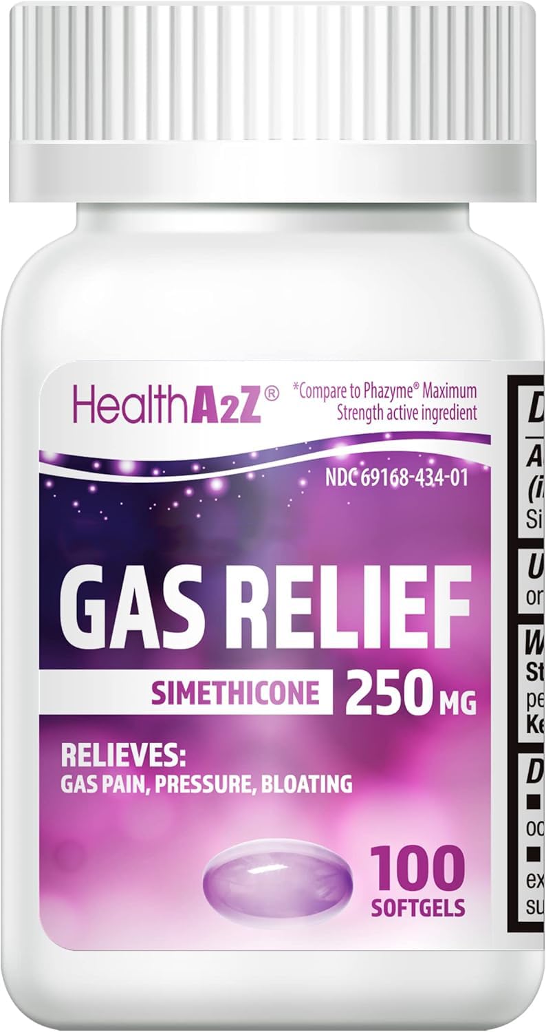 HealthA2Z® Gas Relief Simethicone 250mg, Fast Gas & Bloating Relief, Relieve Symptoms Naturally, 100 Softgels (Pack of 1) - Maple Wellness Supplements