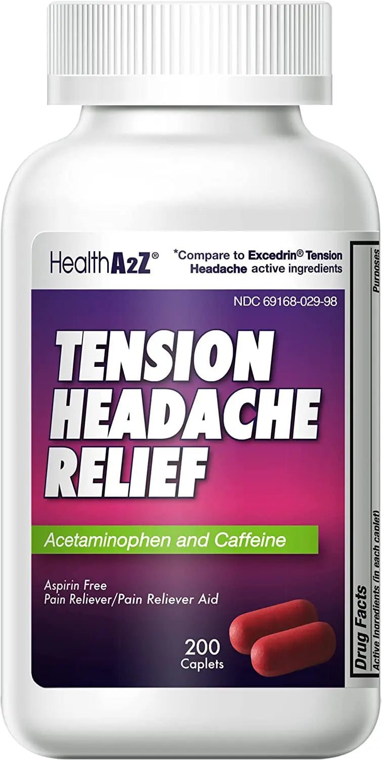 HealthA2Z® Tension Headache Relief | Acetaminophen 500mg | Caffeine 65mg | Pain Reliever Aid | Aspirin Free (200 caplets (Pack of 1)) - TrustMedUSA