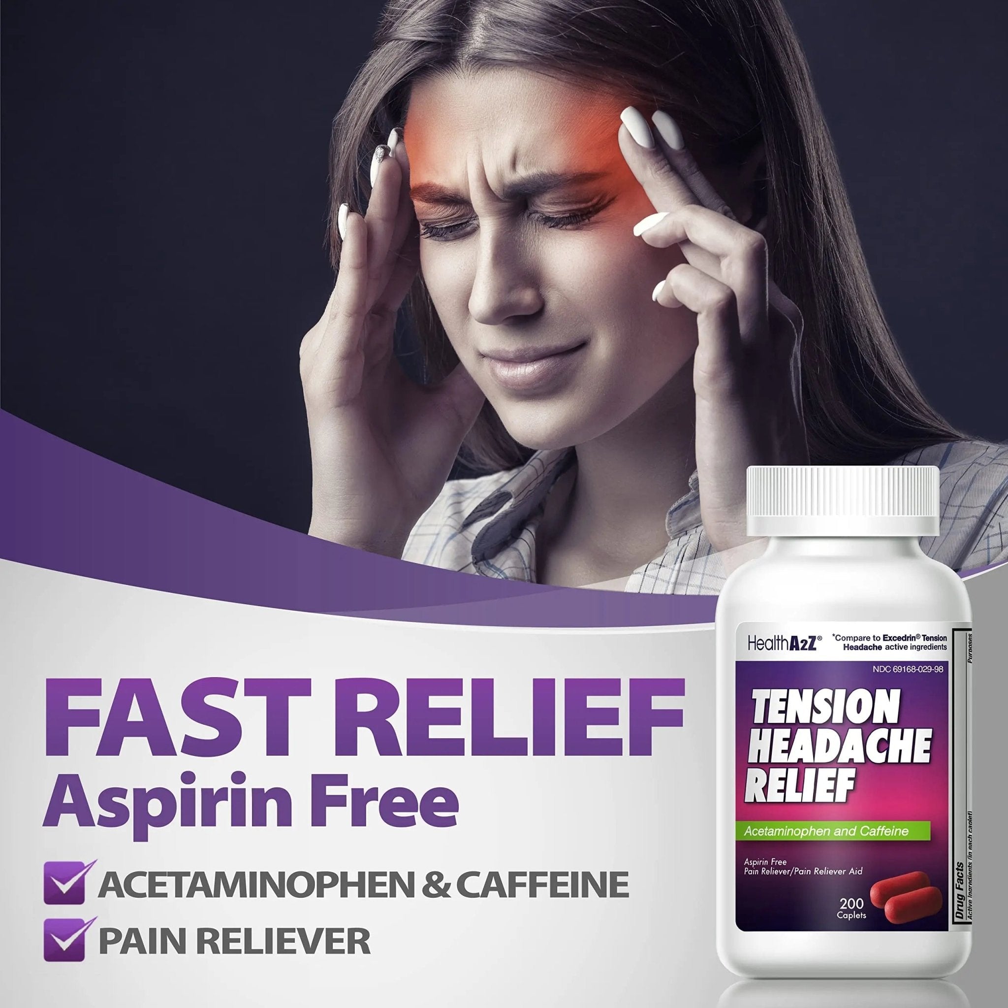 HealthA2Z® Tension Headache Relief | Acetaminophen 500mg | Caffeine 65mg | Pain Reliever Aid | Aspirin Free (200 caplets (Pack of 1)) - TrustMedUSA
