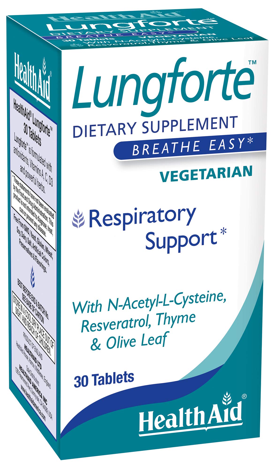 HealthAid LungForte 30 Tablets – Daily Antioxidant Lung Support with NAC, Resveratrol, Olive Leaf, Thyme & Vitamins A, C & D3 – Vegetarian, Non‑GMO - TrustMedUSA