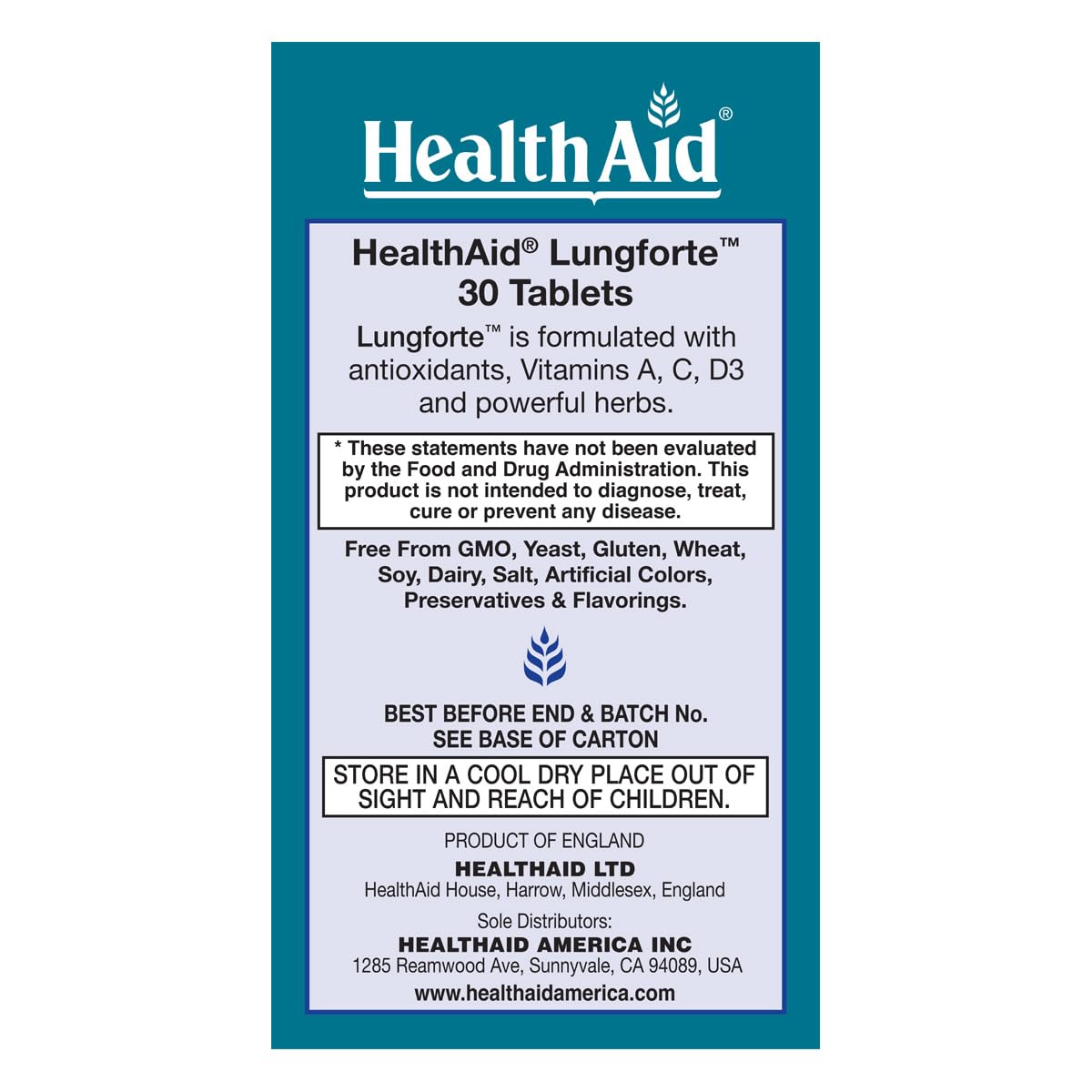 HealthAid LungForte 30 Tablets – Daily Antioxidant Lung Support with NAC, Resveratrol, Olive Leaf, Thyme & Vitamins A, C & D3 – Vegetarian, Non‑GMO - TrustMedUSA