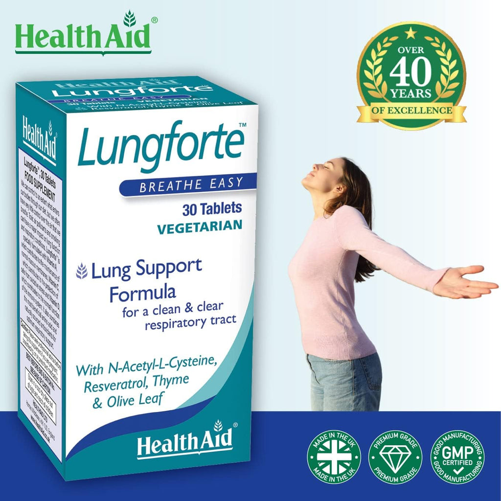 HealthAid LungForte 30 Tablets – Daily Antioxidant Lung Support with NAC, Resveratrol, Olive Leaf, Thyme & Vitamins A, C & D3 – Vegetarian, Non‑GMO - TrustMedUSA