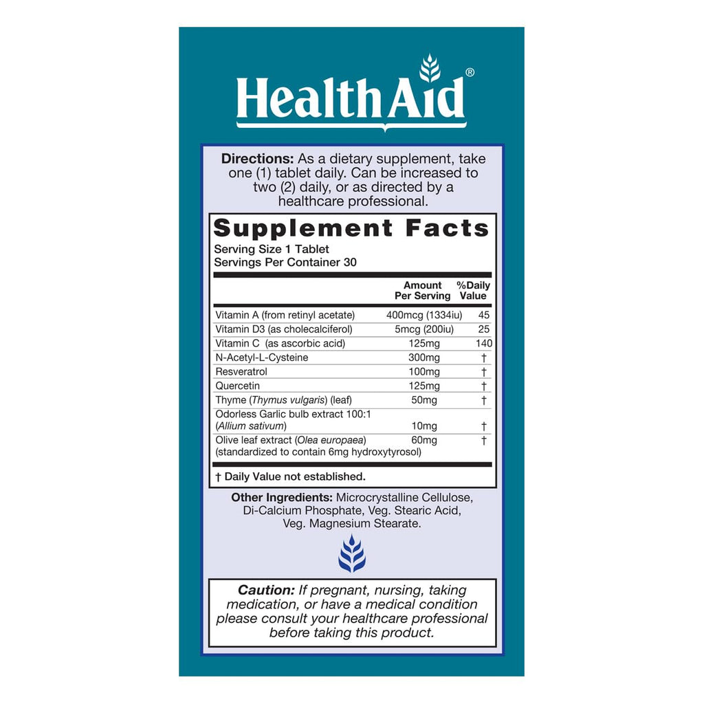 HealthAid LungForte 30 Tablets – Daily Antioxidant Lung Support with NAC, Resveratrol, Olive Leaf, Thyme & Vitamins A, C & D3 – Vegetarian, Non‑GMO - TrustMedUSA