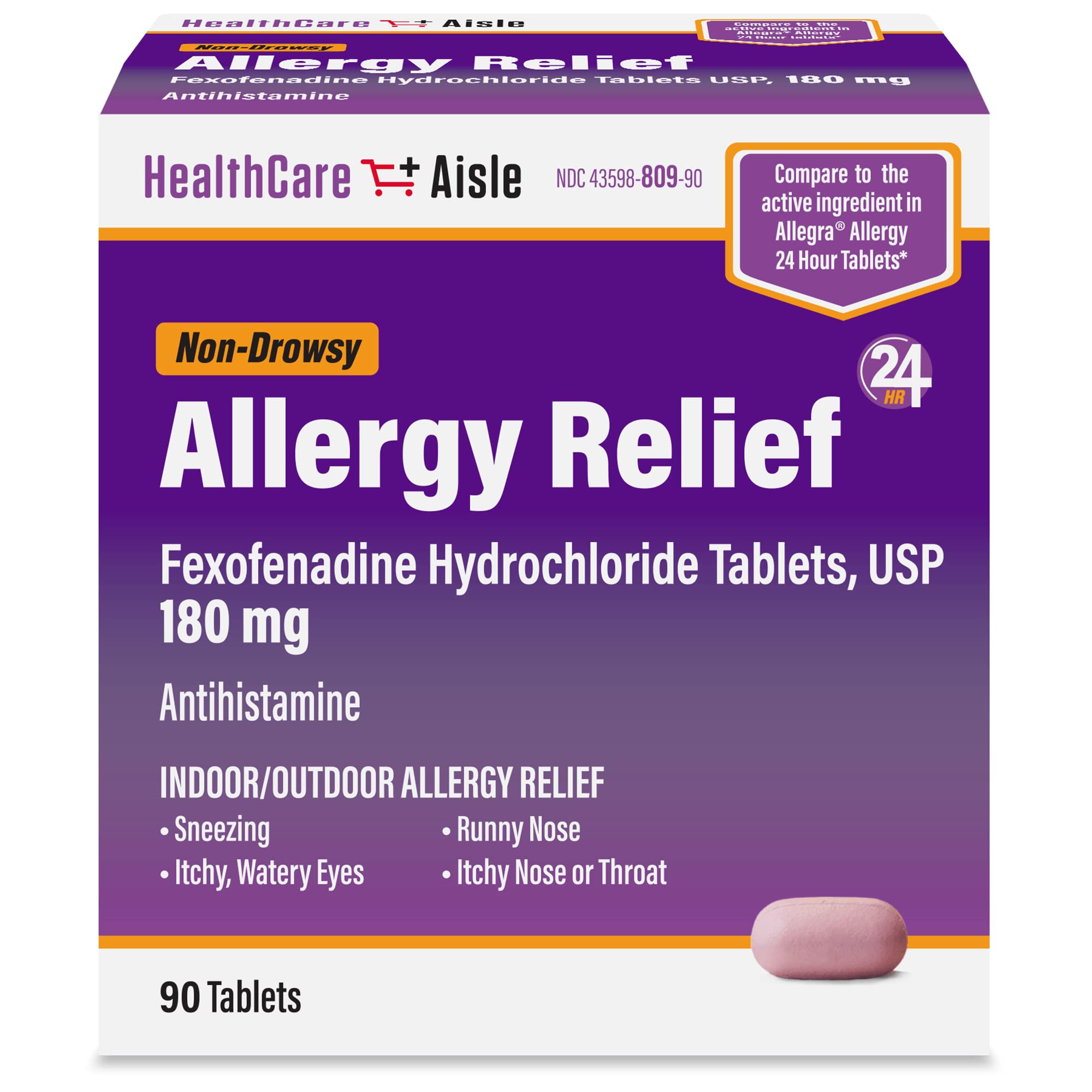HealthCareAisle Allergy Relief - Fexofenadine Hydrochloride Tablets USP, 180 mg, 90 Tablets, Allergy Medication, Non-Drowsy 24-Hour Relief - Maple Wellness Supplements