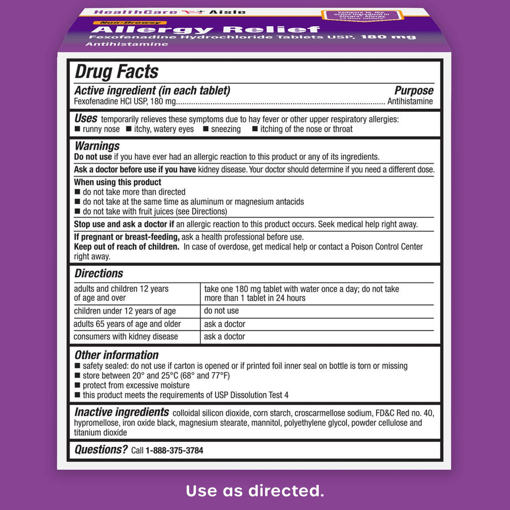 HealthCareAisle Allergy Relief - Fexofenadine Hydrochloride Tablets USP, 180 mg, 90 Tablets, Allergy Medication, Non-Drowsy 24-Hour Relief - Maple Wellness Supplements