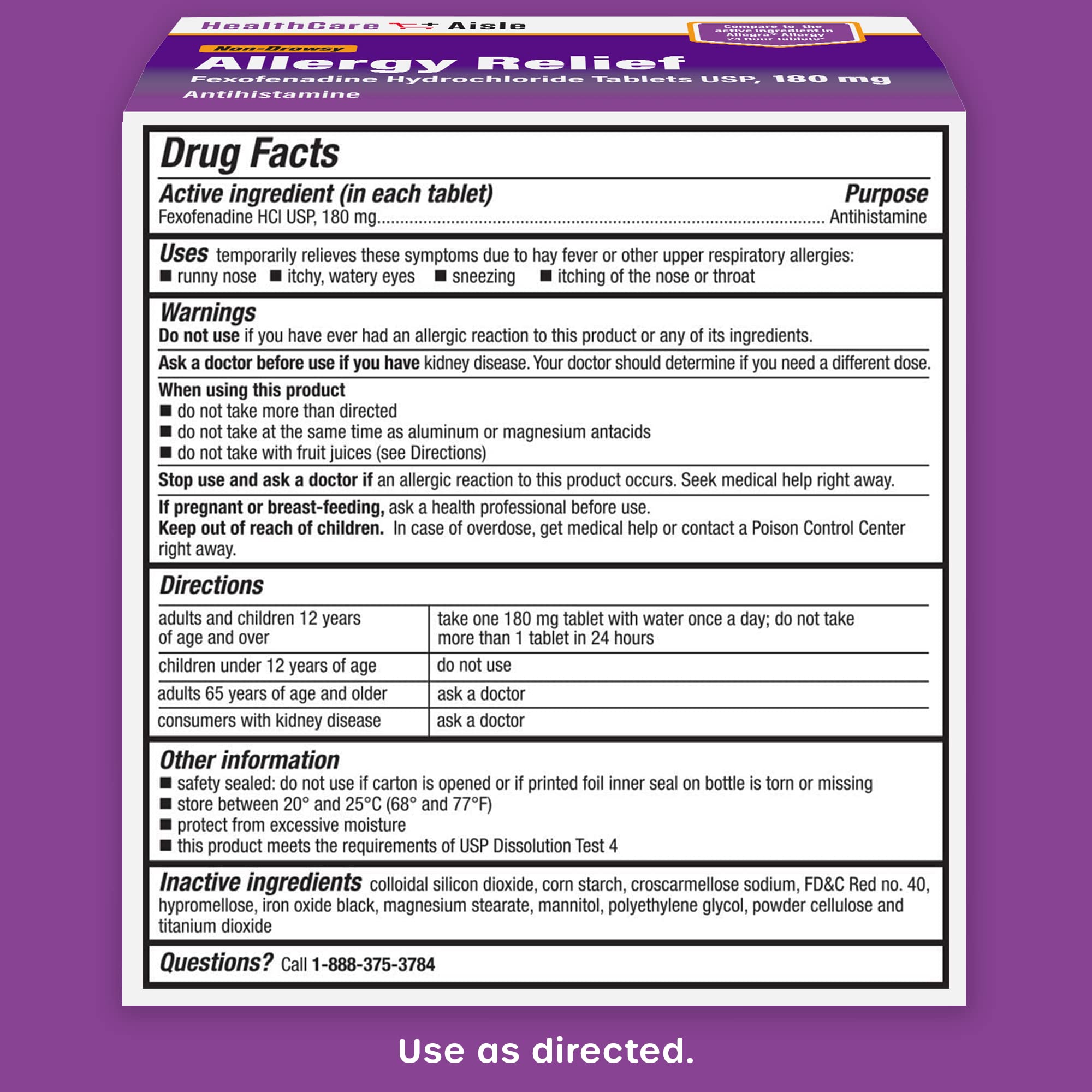 HealthCareAisle Allergy Relief - Fexofenadine Hydrochloride Tablets USP, 180 mg, 90 Tablets, Allergy Medication, Non-Drowsy 24-Hour Relief - Maple Wellness Supplements