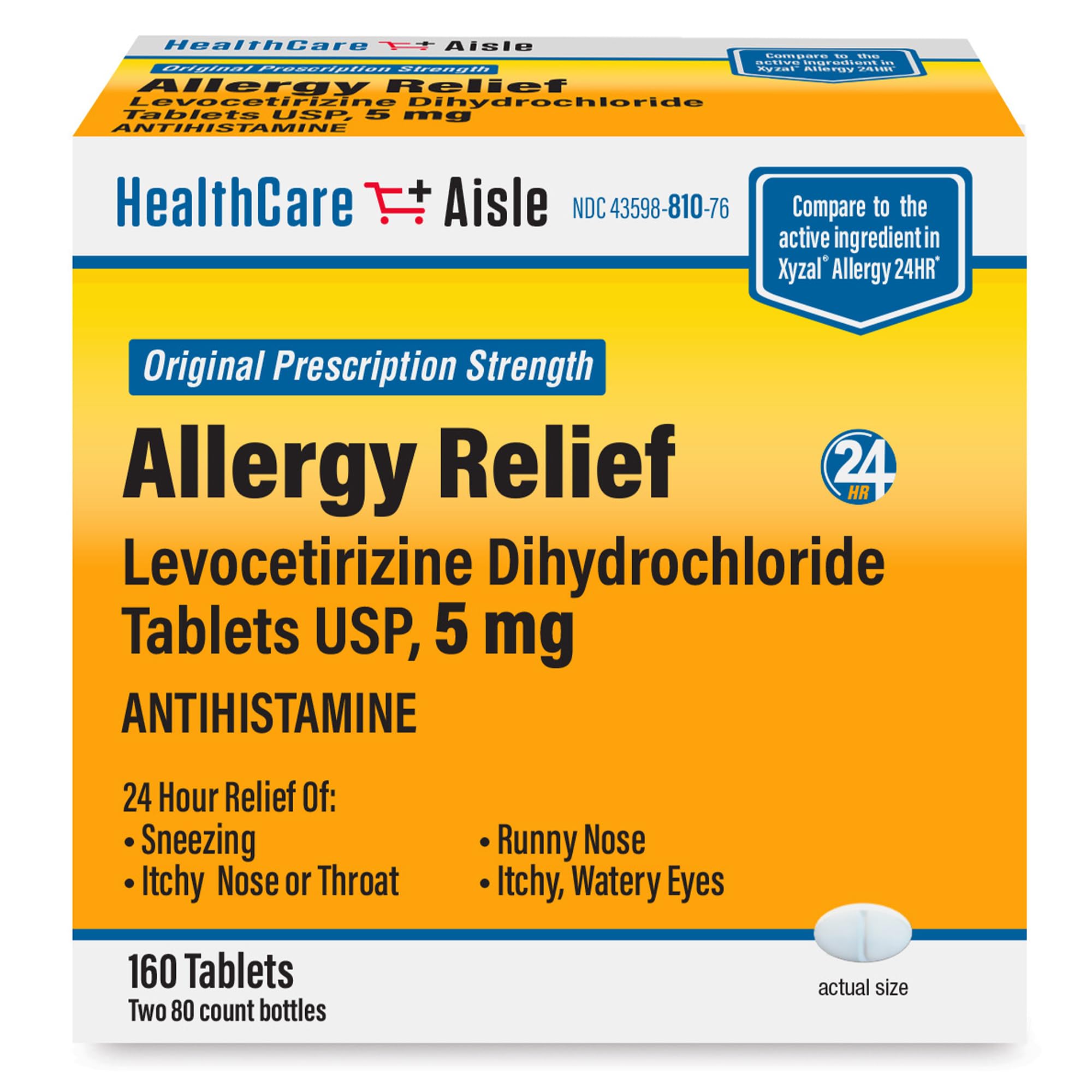 HealthCareAisle Allergy Relief - Levocetirizine Dihydrochloride Tablets USP, 5 mg, 160 Tablets, Original Prescription Strength Allergy Medication, 24-Hour Relief, 80 Count (Pack of 2) - Maple Wellness Supplements