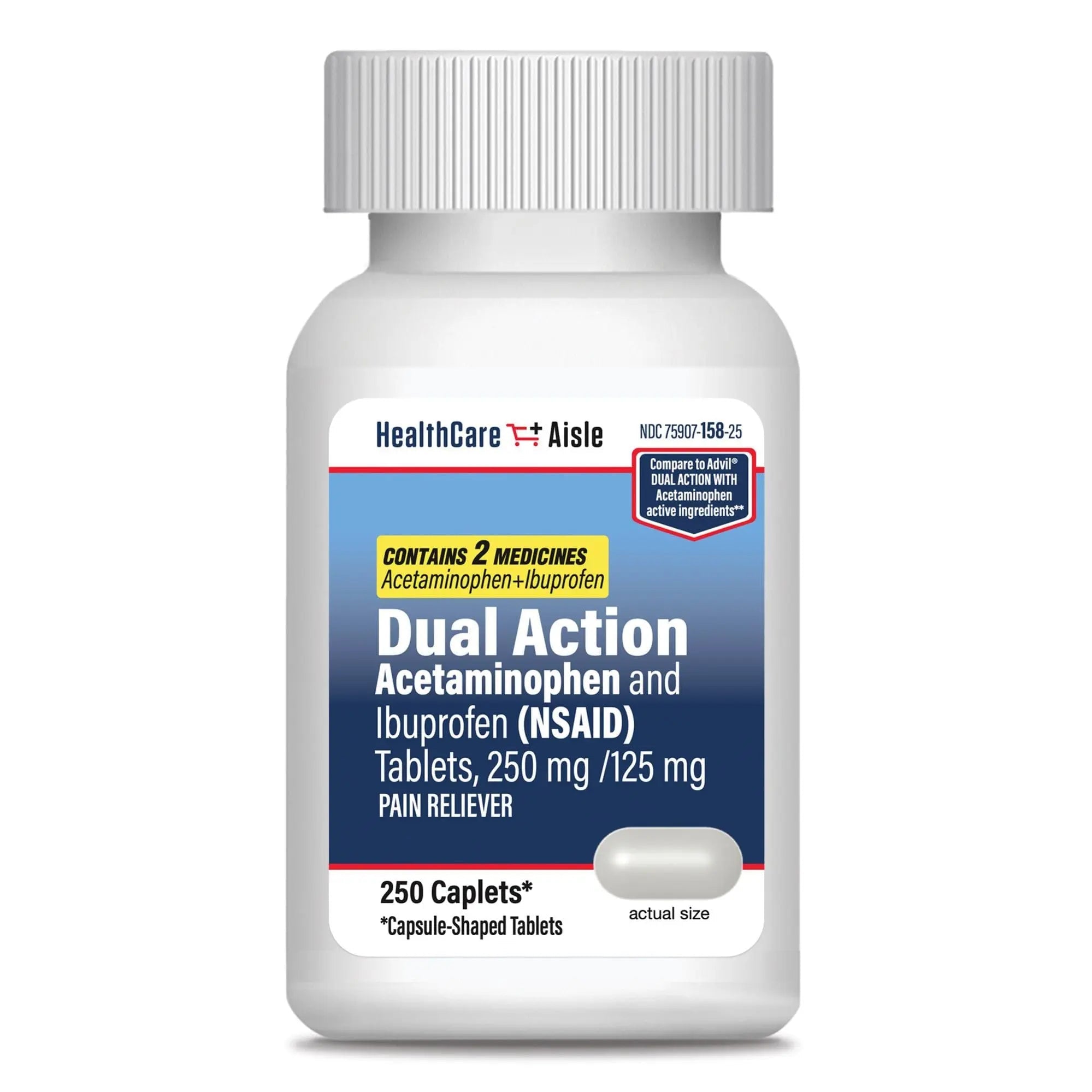 HealthCareAisle Dual Action Acetaminophen and Ibuprofen (NSAID) Tablets, 250 mg /125 mg Pain Reliever - 250ct Caplets - TrustMedUSA