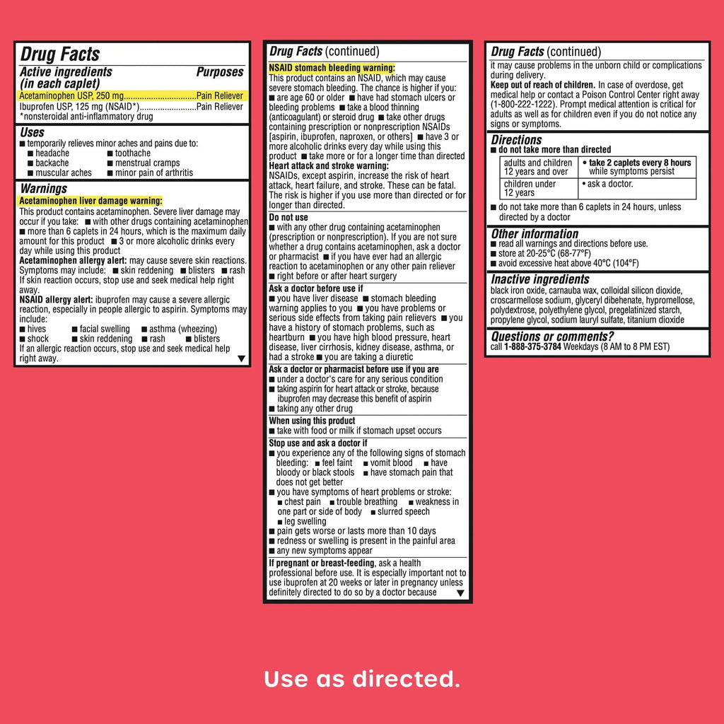 HealthCareAisle Dual Action Acetaminophen and Ibuprofen (NSAID) Tablets, 250 mg /125 mg Pain Reliever - 250ct Caplets - TrustMedUSA