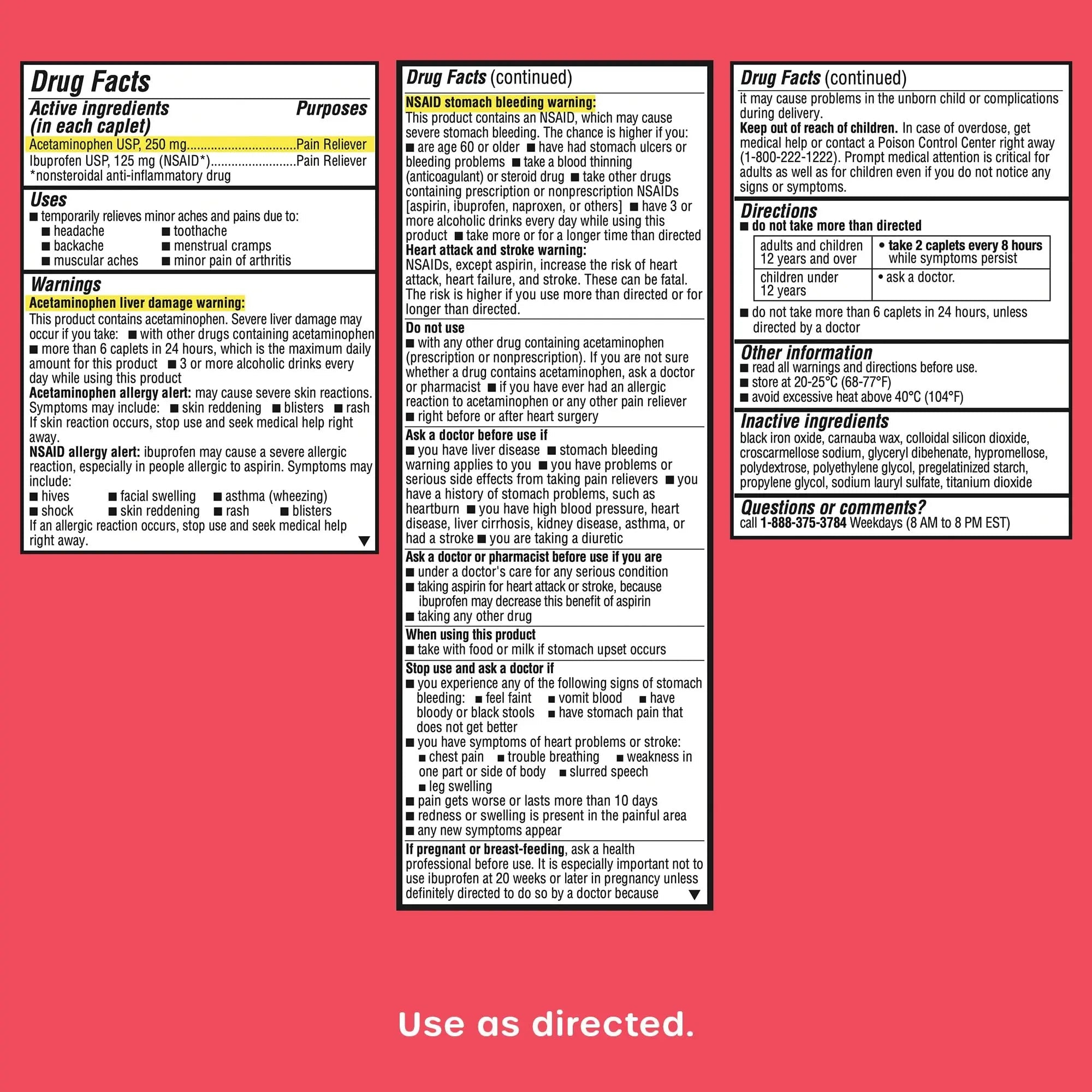 HealthCareAisle Dual Action Acetaminophen and Ibuprofen (NSAID) Tablets, 250 mg /125 mg Pain Reliever - 250ct Caplets - TrustMedUSA