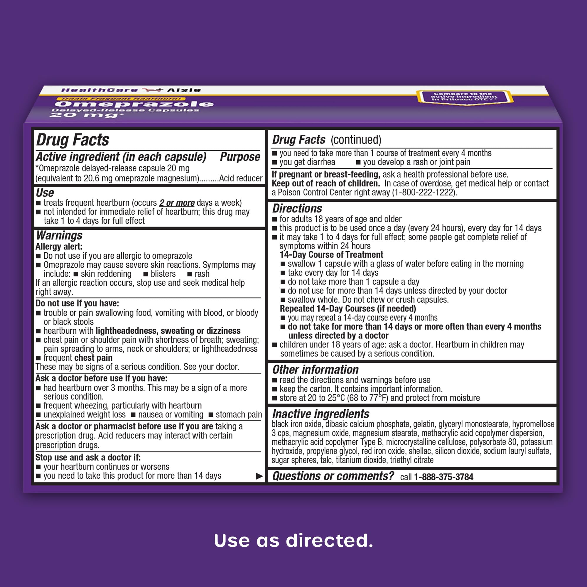 HealthCareAisle Omeprazole 20 mg, 42 Delayed-Release Capsules - Acid Reducer, Treats Frequent Heartburn, 42 Count (Pack of 1) - Maple Wellness Supplements