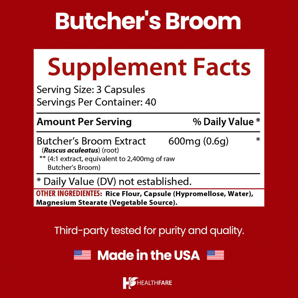 Healthfare Butchers Broom Supplement | Capsules Extract 2400mg | 120 Vegetarian Pills | Premium Herbal Root Supplement | Circulation & Vein Support | Non-GMO, Gluten-Free | Made in USA - TrustMedUSA