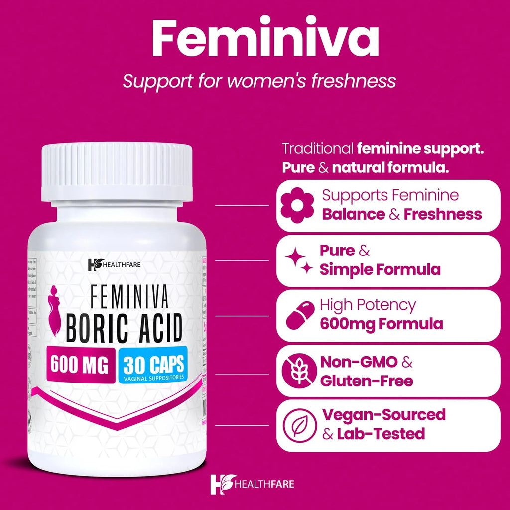 Healthfare Feminiva Boric Acid Suppositories | 2-Pack | 30 Vaginal Suppositories Each | 600mg | 100% Pure | Made in The USA - TrustMedUSA