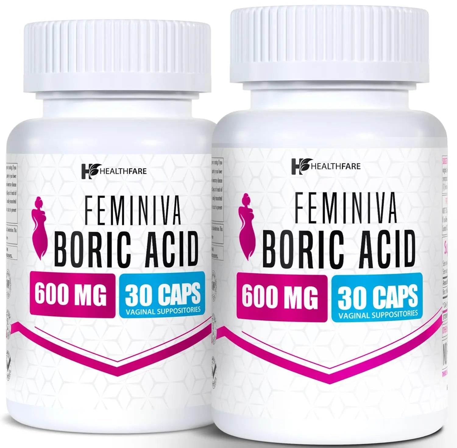 Healthfare Feminiva Boric Acid Suppositories | 2-Pack | 30 Vaginal Suppositories Each | 600mg | 100% Pure | Made in The USA - TrustMedUSA