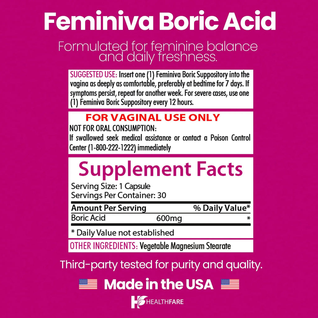 Healthfare Feminiva Boric Acid Suppositories | 2-Pack | 30 Vaginal Suppositories Each | 600mg | 100% Pure | Made in The USA - TrustMedUSA