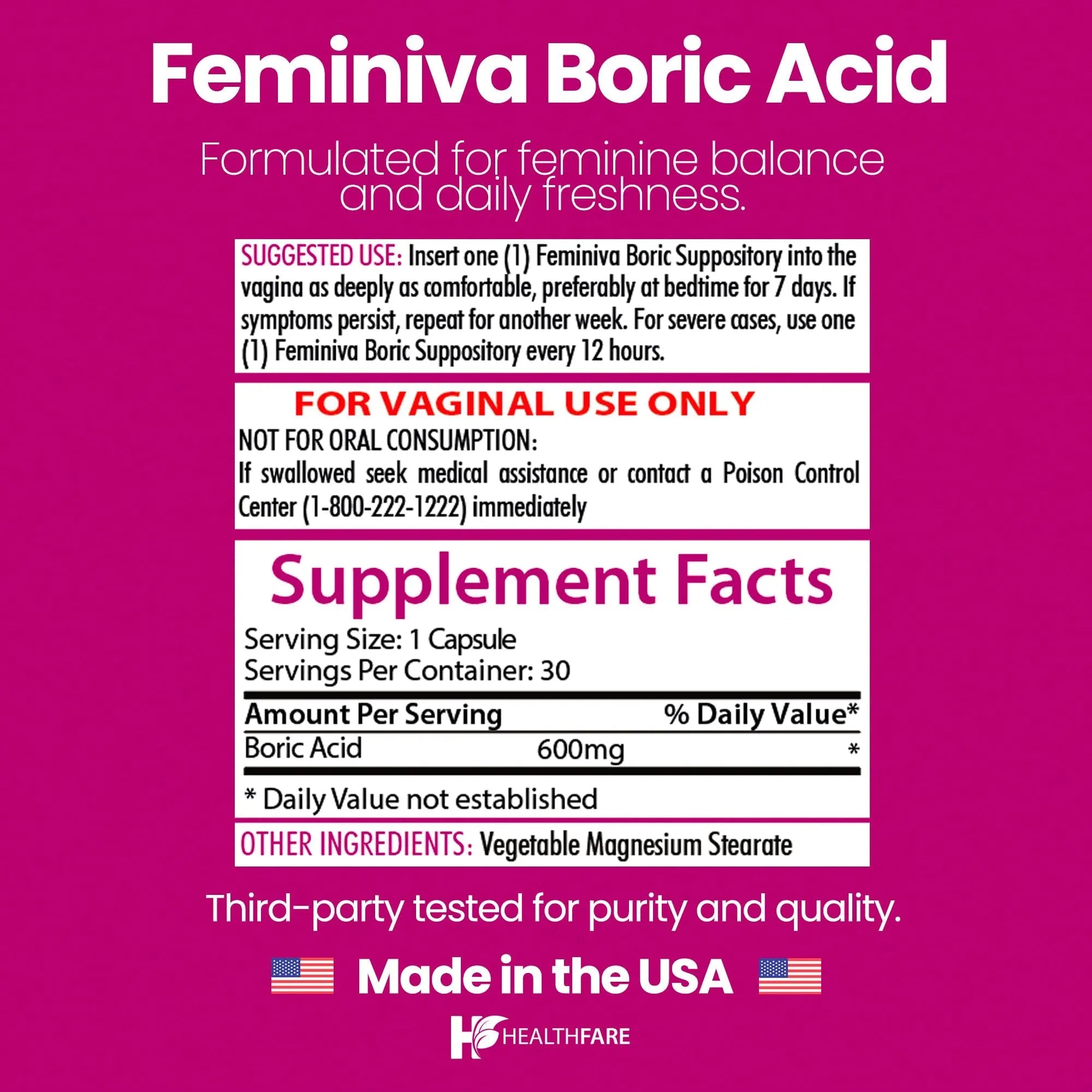 Healthfare Feminiva Boric Acid Suppositories | 2-Pack | 30 Vaginal Suppositories Each | 600mg | 100% Pure | Made in The USA - TrustMedUSA