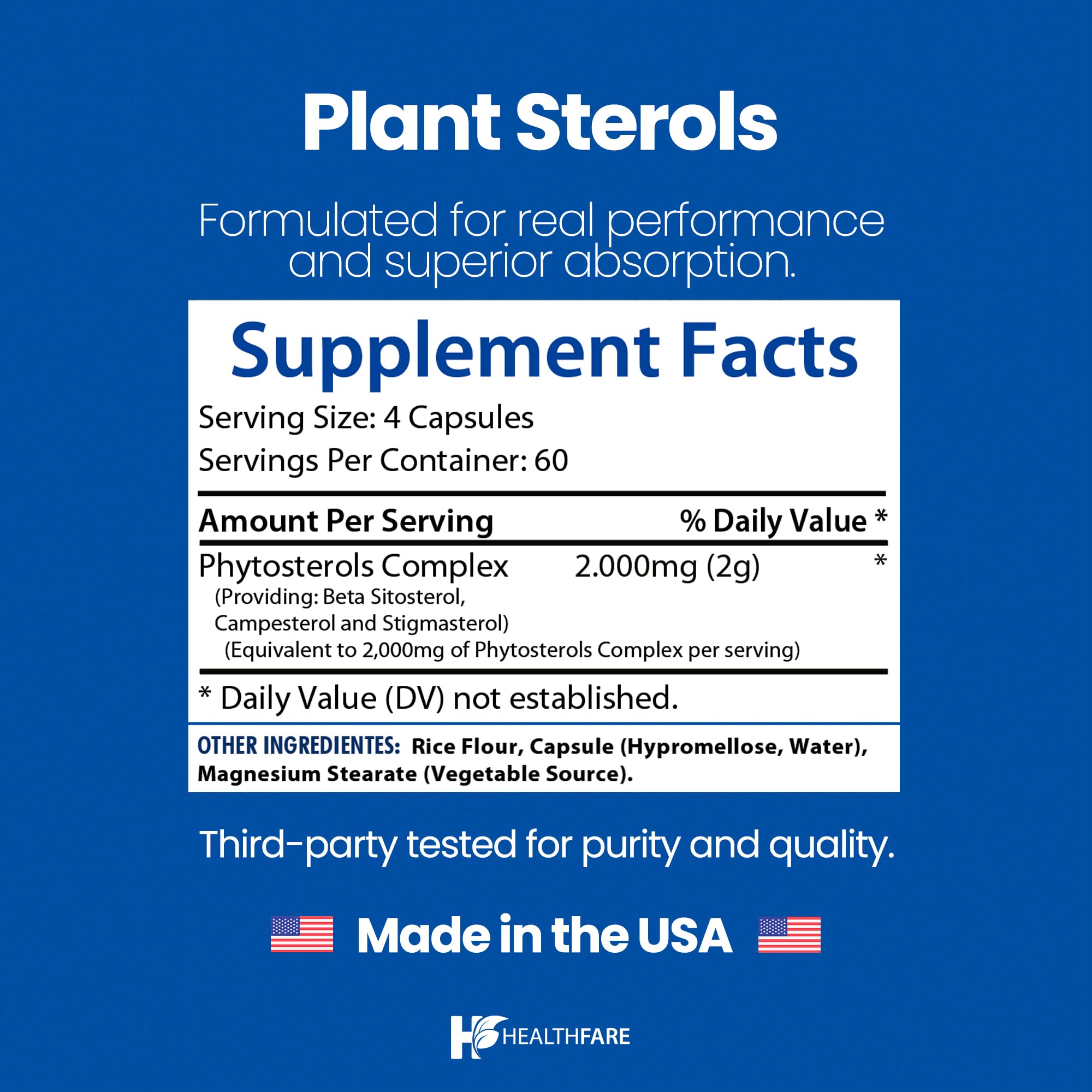 Healthfare Plant Sterols Capsules 2000mg | 240 Vegan Capsules | Beta Sitosterol & Phytosterol Complex | Plant-Based Supplement | Non-GMO & Gluten-Free | Made in the USA - TrustMedUSA