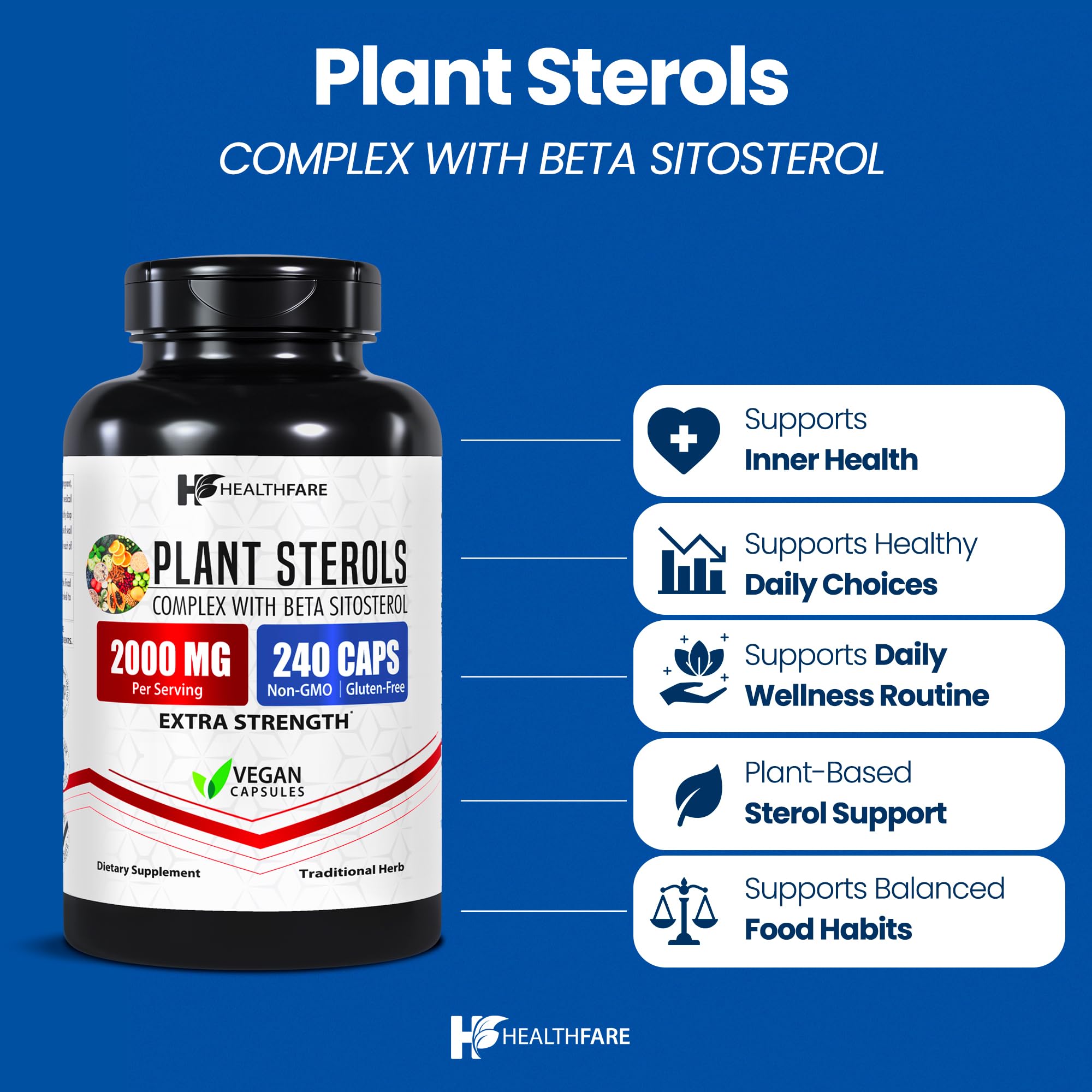 Healthfare Plant Sterols Capsules 2000mg | 240 Vegan Capsules | Beta Sitosterol & Phytosterol Complex | Plant-Based Supplement | Non-GMO & Gluten-Free | Made in the USA - TrustMedUSA