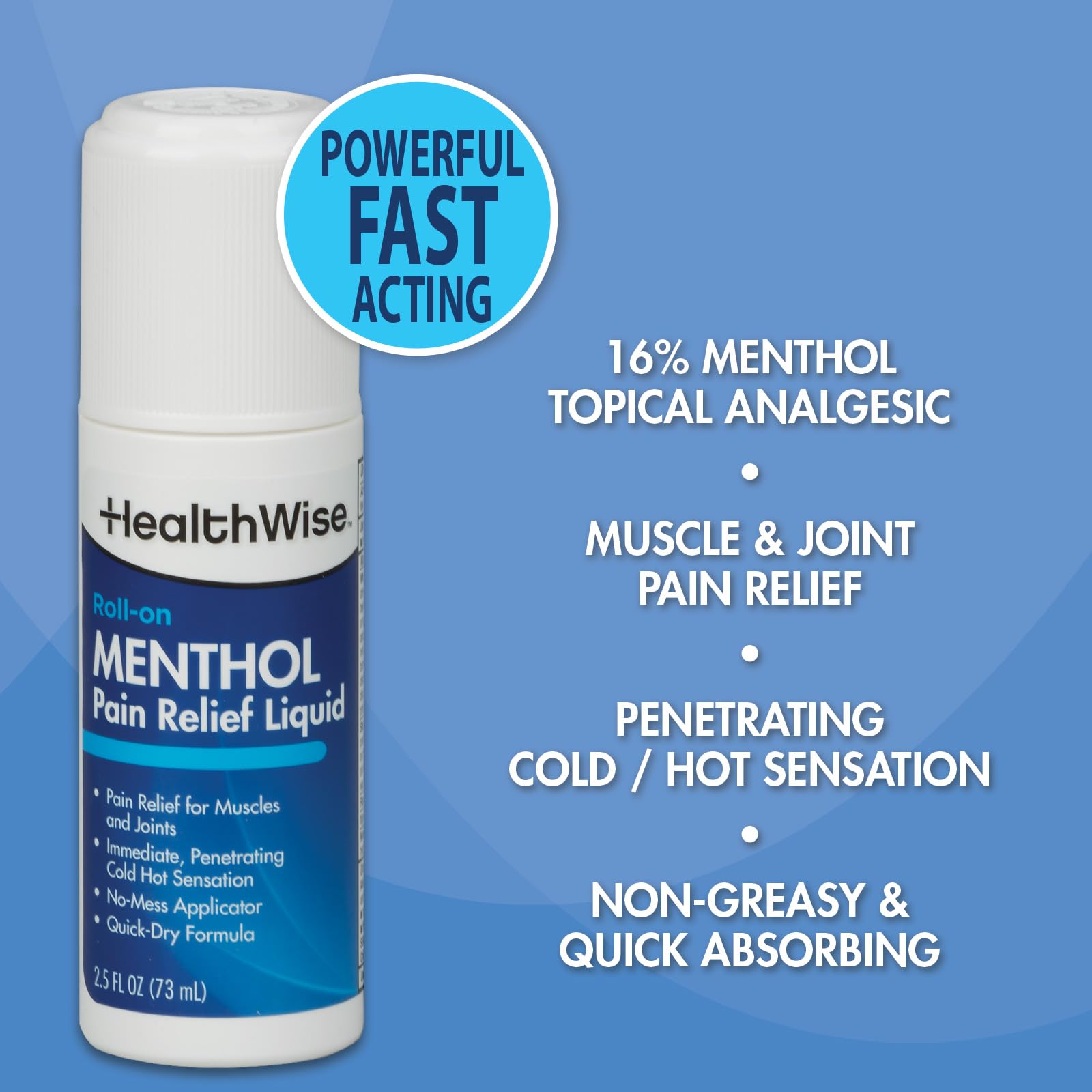 HealthWise 16% Menthol Roll-On | Cold Hot Sensation | Pain Relief Liquid | 2.5 oz. 73 mL | Non-Greasy Formula | Immediate Penetrating Action | Topical Analgesic - TrustMedUSA