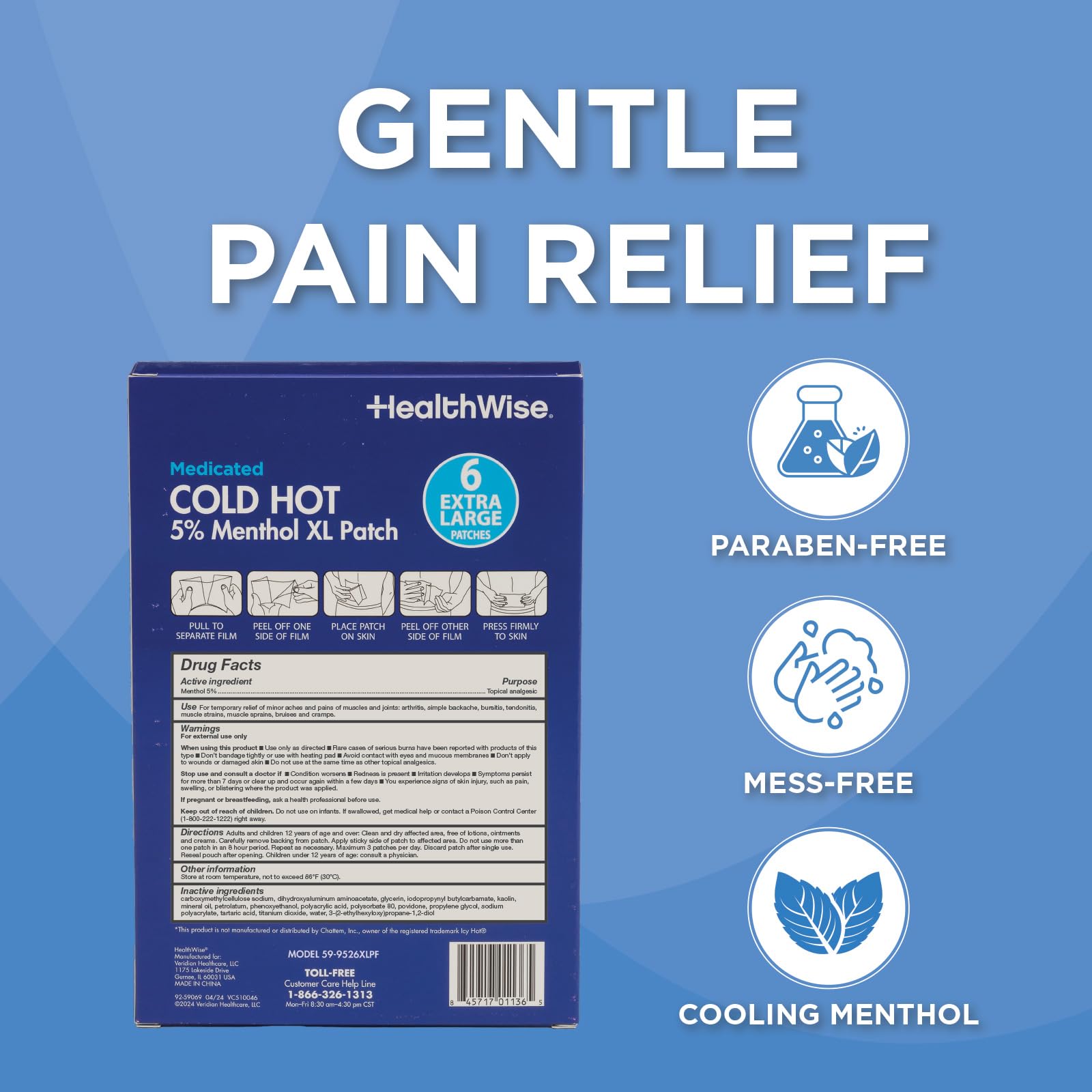 HealthWise Cold Hot Medicated Menthol XL Patch | 5% Menthol | Back and Large Areas | 5.51” x 9.84” | 6-Count | Paraben-Free | Soothes Minor Aches and Pains | Super-Size Relief - TrustMedUSA