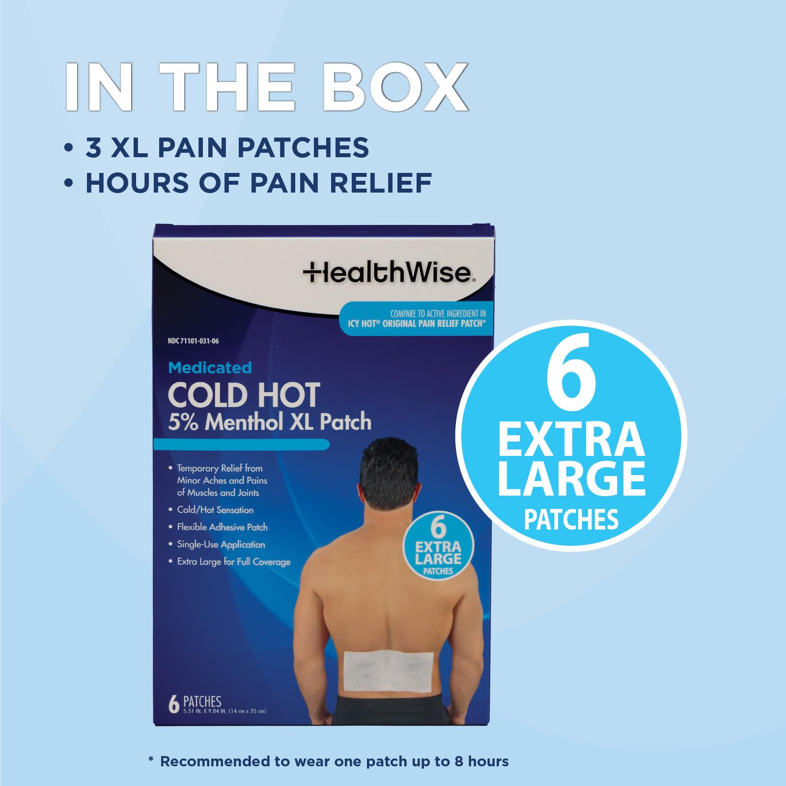 HealthWise Cold Hot Medicated Menthol XL Patch | 5% Menthol | Back and Large Areas | 5.51” x 9.84” | 6-Count | Paraben-Free | Soothes Minor Aches and Pains | Super-Size Relief - TrustMedUSA