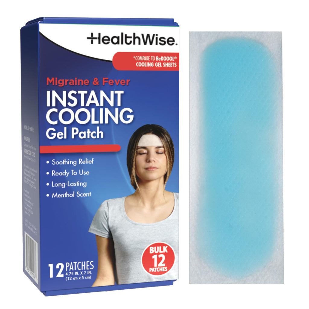HealthWise Instant Cool Gel Patches | Migraine & Fever Relief | 12-Count | 4.75” x 2” | Soothing Menthol Vapors | Non-Medicated Formula - TrustMedUSA