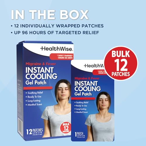 HealthWise Instant Cool Gel Patches | Migraine & Fever Relief | 12-Count | 4.75” x 2” | Soothing Menthol Vapors | Non-Medicated Formula - TrustMedUSA