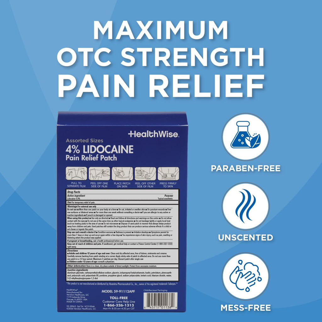 HealthWise Lidocaine Pain Patch | 4% OTC Lidocaine | 12-Count Assorted Sizes | Paraben-Free Formula | Temporarily Soothes Minor Aches and Pains | Unscented | Flexible Application - TrustMedUSA