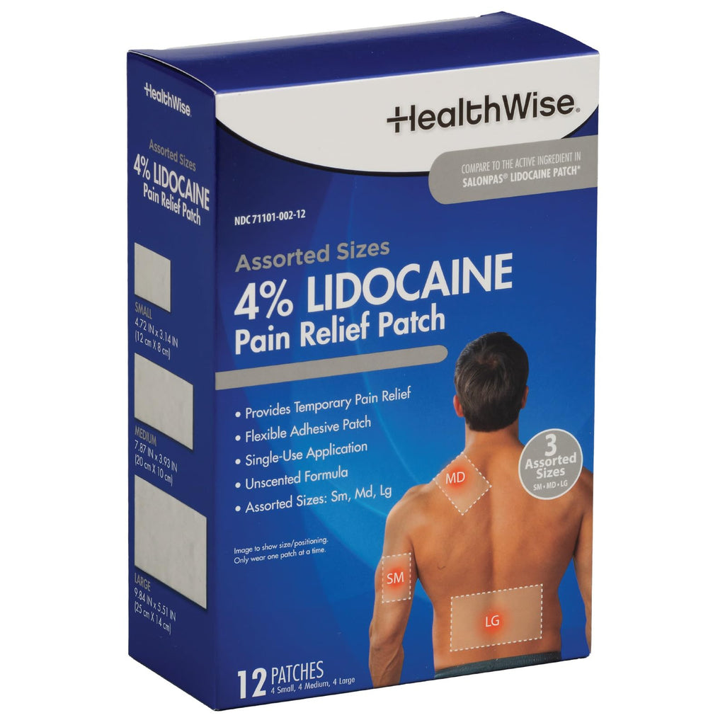 HealthWise Lidocaine Pain Patch | 4% OTC Lidocaine | 12-Count Assorted Sizes | Paraben-Free Formula | Temporarily Soothes Minor Aches and Pains | Unscented | Flexible Application - TrustMedUSA