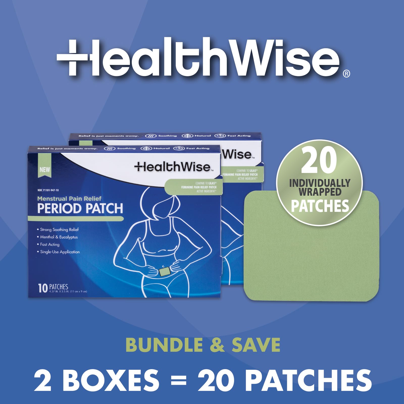 HealthWise Menstrual Pain Relief Bundle | Twenty 10% Menthol + Eucalyptus Period Patches | Generous XL Size Patch | Natural, Therapeutic Care at Home - TrustMedUSA