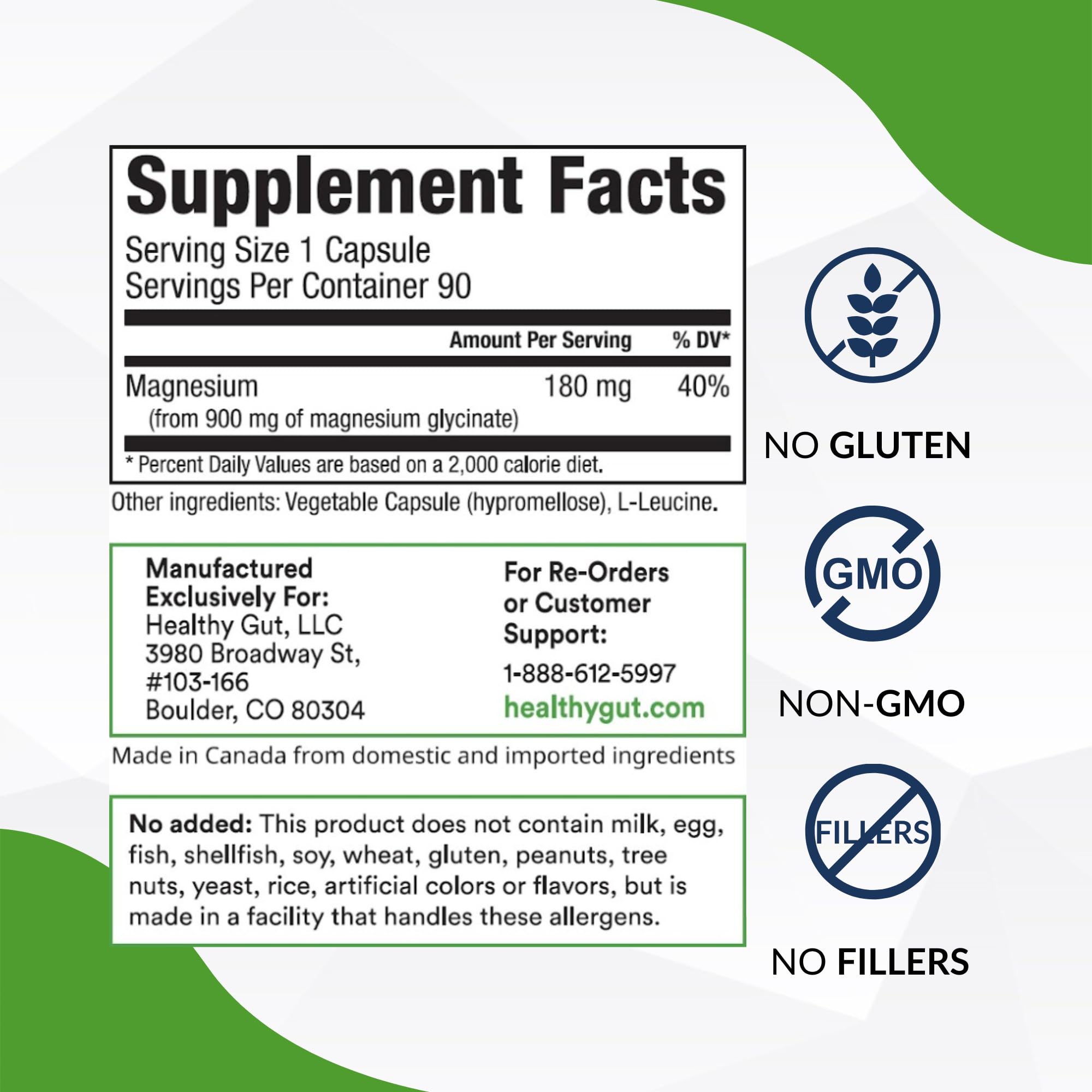 Healthy Gut Magnesium-HP | Ultra Pure Magnesium Glycinate Capsules with Zero Fillers | 180 mg Magnesium Glycinate | 90 Servings - TrustMedUSA