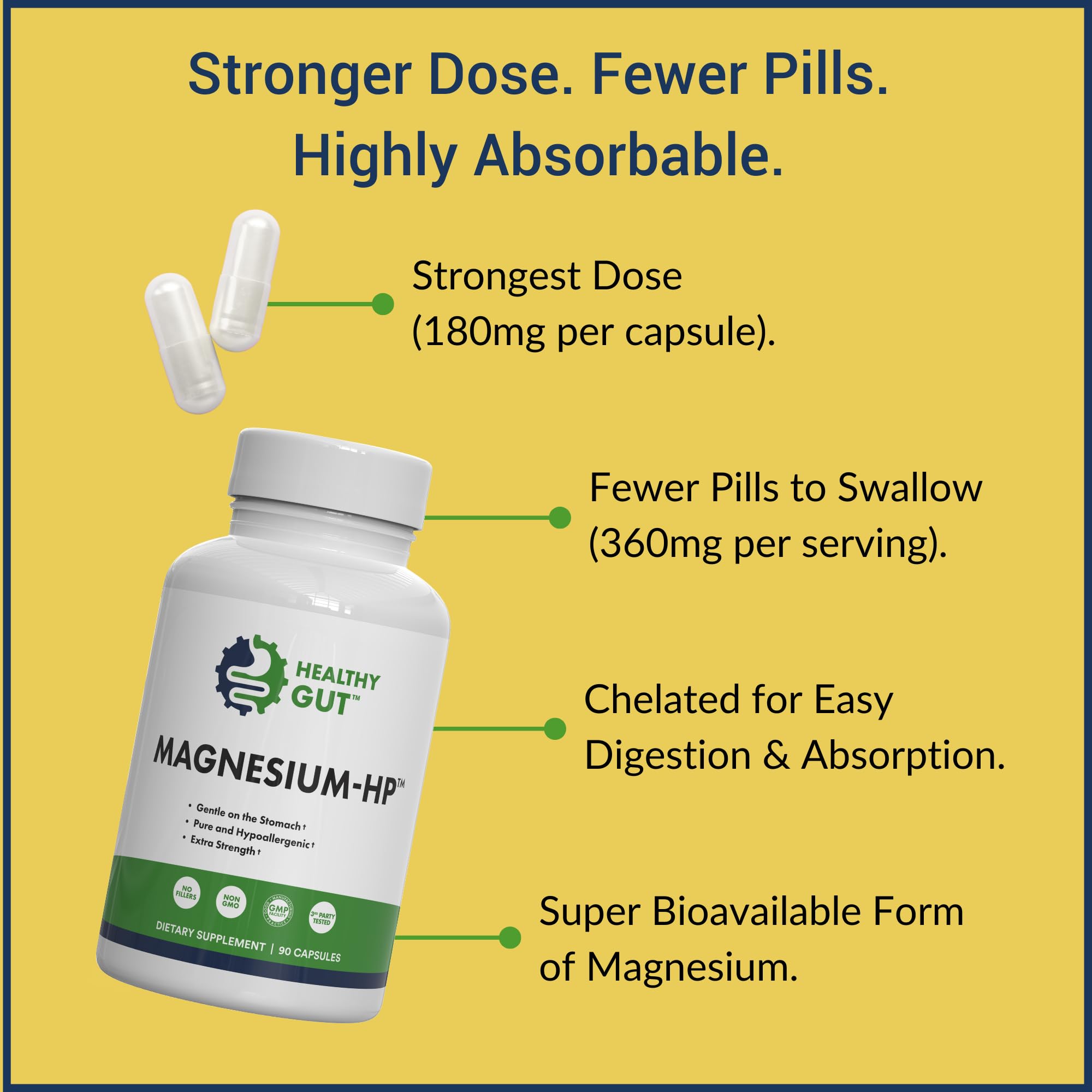 Healthy Gut Magnesium-HP | Ultra Pure Magnesium Glycinate Capsules with Zero Fillers | 180 mg Magnesium Glycinate | 90 Servings - TrustMedUSA